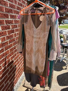 Luxxel Taupe Dress with White Lace Overlay